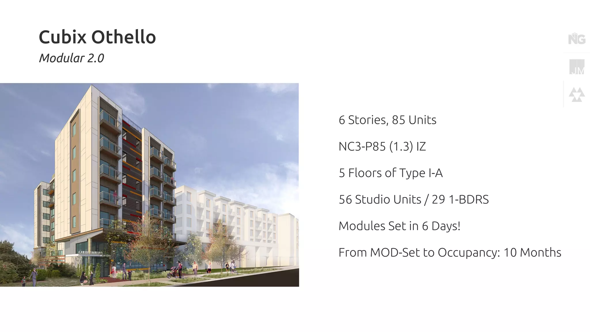 Cubix Othello
Modular 2.0
6 Stories, 85 Units
NC3-P85 (1.3) IZ
5 Floors of Type I-A
56 Studio Units / 29 1-BDRS
Modules Set in 6 Days!
From MOD-Set to Occupancy: 10 Months
 