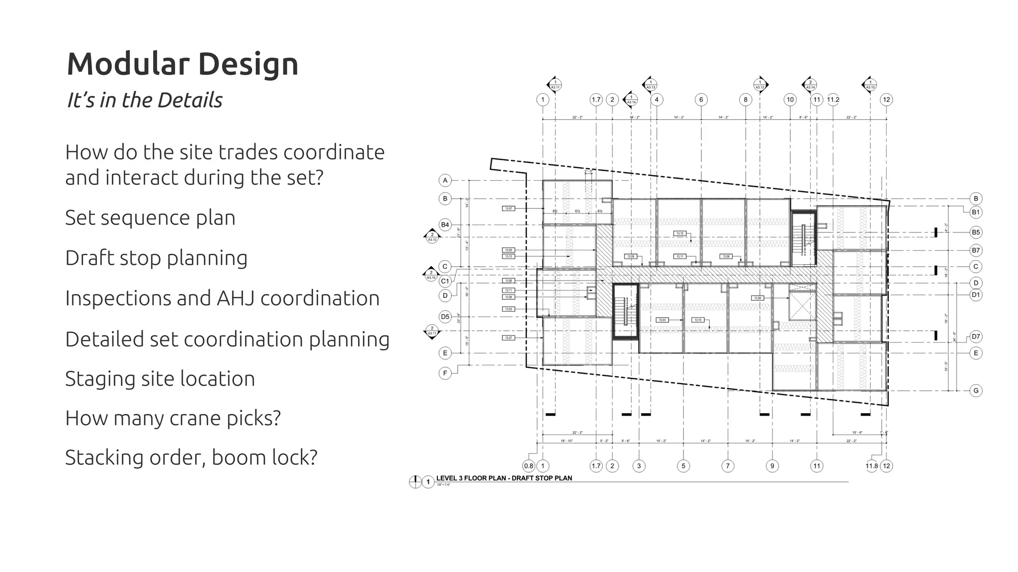 How do the site trades coordinate
and interact during the set?
Set sequence plan
Draft stop planning
Inspections and AHJ coordination
Detailed set coordination planning
Staging site location
How many crane picks?
Stacking order, boom lock?
Modular Design
It’s in the Details
 