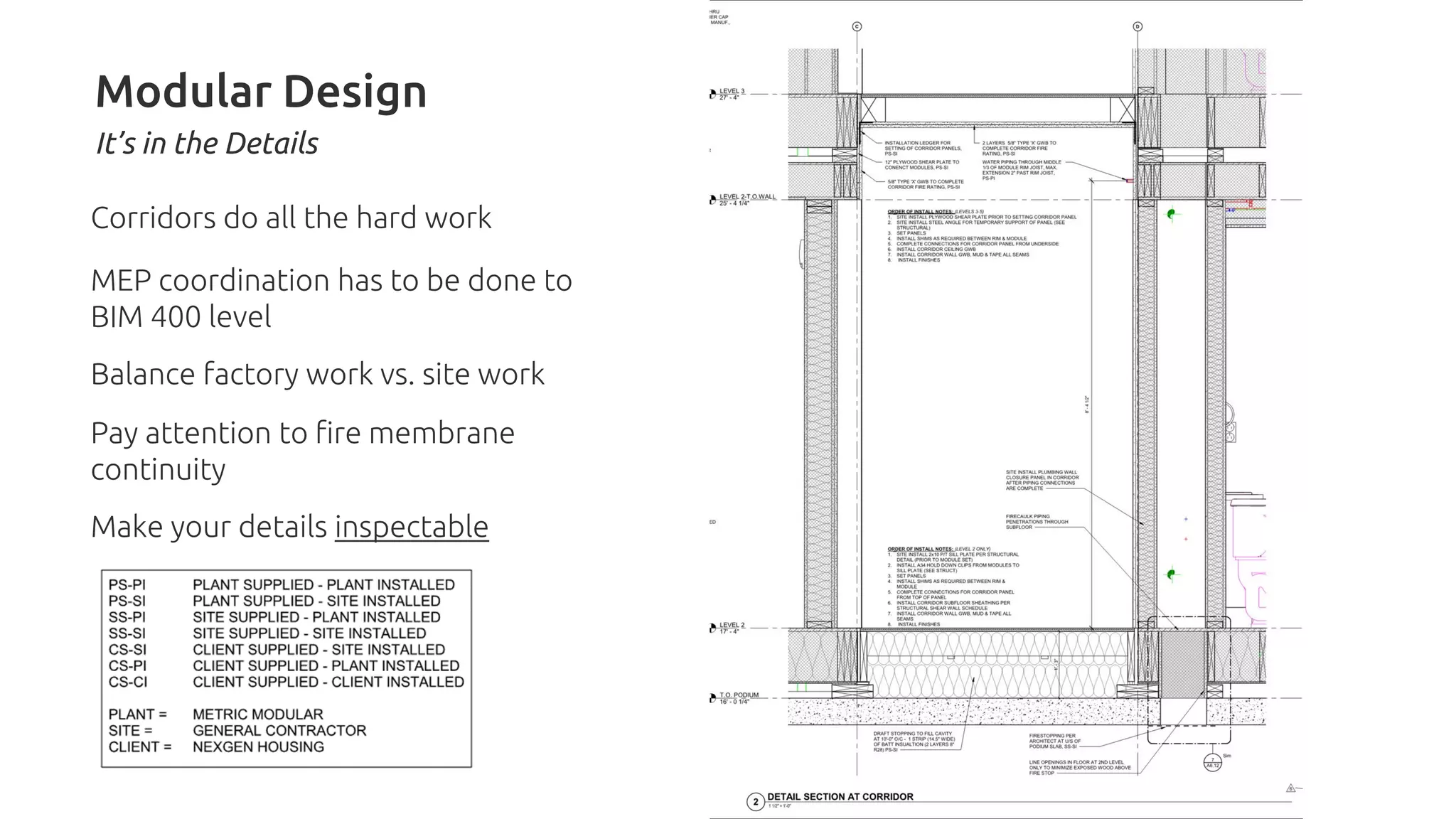 Corridors do all the hard work
MEP coordination has to be done to
BIM 400 level
Balance factory work vs. site work
Pay attention to fire membrane
continuity
Make your details inspectable
Modular Design
It’s in the Details
 