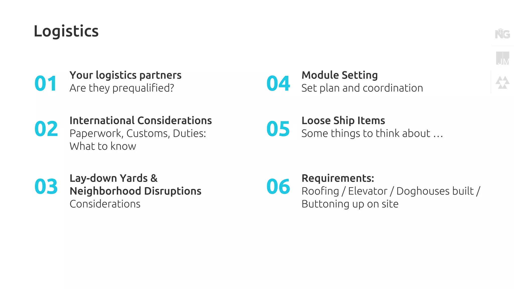 Logistics
Your logistics partners
Are they prequalified?01
International Considerations
Paperwork, Customs, Duties:
What to know
02
Lay-down Yards &
Neighborhood Disruptions
Considerations
03
Module Setting
Set plan and coordination04
Loose Ship Items
Some things to think about …05
Requirements:
Roofing / Elevator / Doghouses built /
Buttoning up on site
06
 
