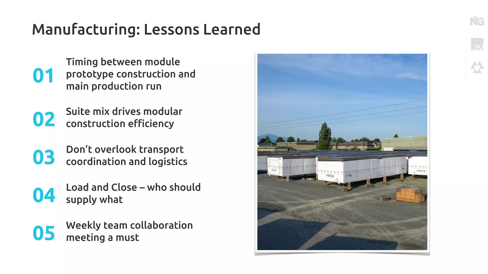 Manufacturing: Lessons Learned
Timing between module
prototype construction and
main production run
01
Suite mix drives modular
construction efficiency02
Don’t overlook transport
coordination and logistics03
Load and Close – who should
supply what04
Weekly team collaboration
meeting a must05
 