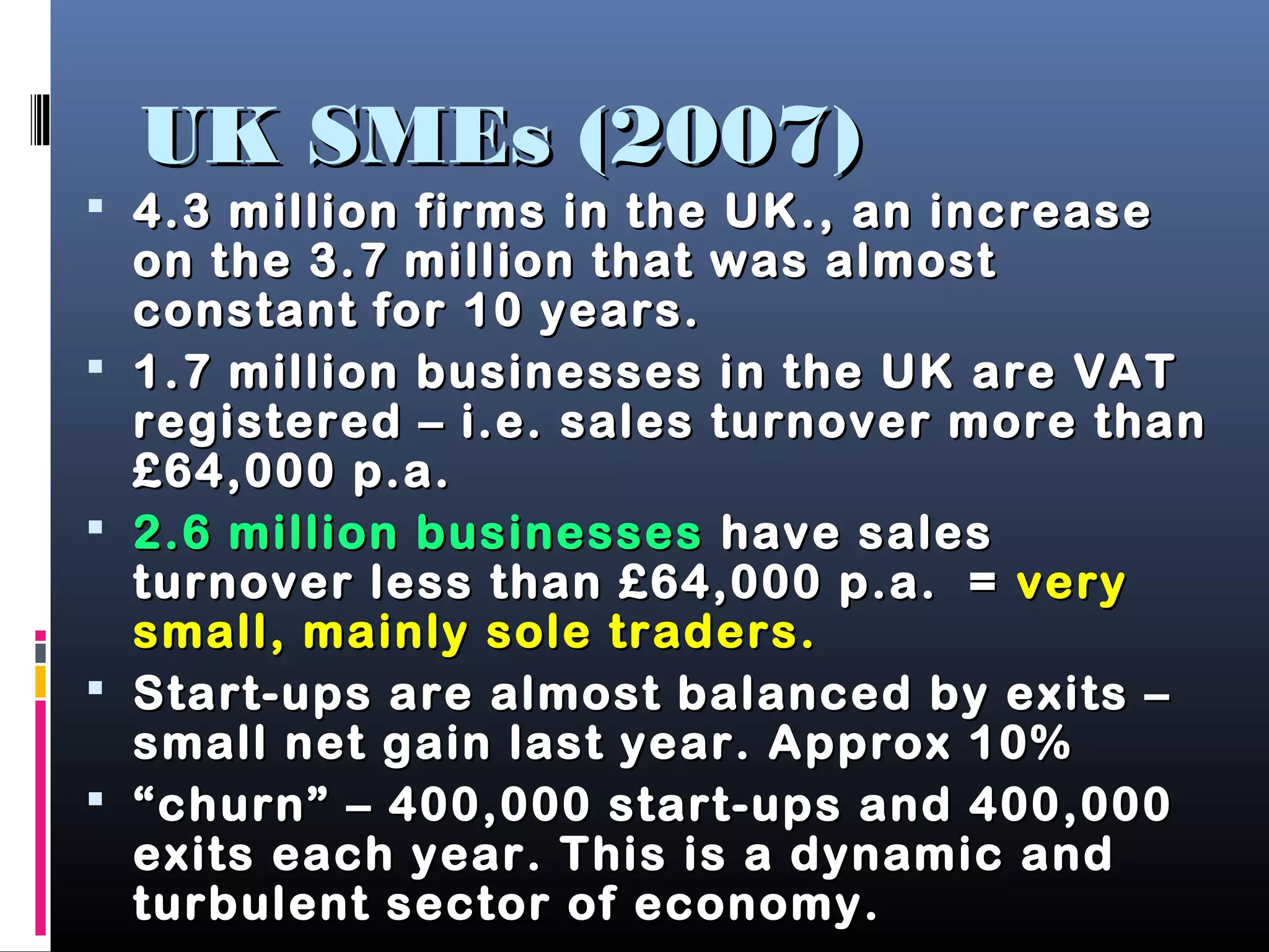 UK SMEs (2007)UK SMEs (2007)
 4.3 million firms in the UK., an increase4.3 million firms in the UK., an increase
on the 3.7 million that was almoston the 3.7 million that was almost
constant for 10 years.constant for 10 years.
 1.7 million businesses in the UK are VAT1.7 million businesses in the UK are VAT
registered – i.e. sales turnover more thanregistered – i.e. sales turnover more than
£64,000 p.a.£64,000 p.a.
 2.6 million businesses2.6 million businesses have saleshave sales
turnover less than £64,000 p.a. =turnover less than £64,000 p.a. = veryvery
small, mainly sole traders.small, mainly sole traders.
 Start-ups are almost balanced by exits –Start-ups are almost balanced by exits –
small net gain last year. Approx 10%small net gain last year. Approx 10%
 ““churn” – 400,000 start-ups and 400,000churn” – 400,000 start-ups and 400,000
exits each year. This is a dynamic andexits each year. This is a dynamic and
turbulent sector ofturbulent sector of economy.economy.
 