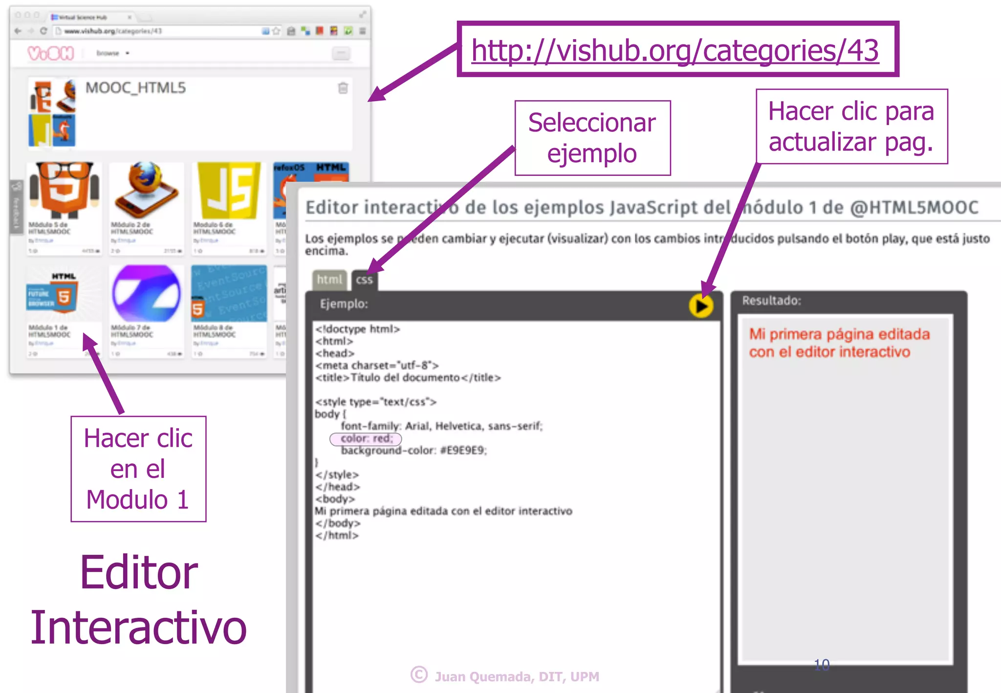 http://vishub.org/categories/43 
© 10 
Juan Quemada, DIT, UPM 
Hacer clic 
en el 
Modulo 1 
Hacer clic para 
actualizar pag. 
Editor 
Interactivo 
Seleccionar 
ejemplo 
 