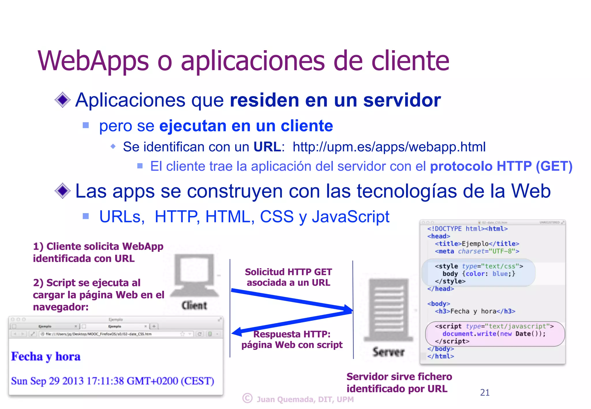 WebApps o aplicaciones de cliente 
Aplicaciones que residen en un servidor 
n pero se ejecutan en un cliente 
w Se identifican con un URL: http://upm.es/apps/webapp.html 
n El cliente trae la aplicación del servidor con el protocolo HTTP (GET) 
Las apps se construyen con las tecnologías de la Web 
n URLs, HTTP, HTML, CSS y JavaScript 
Servidor sirve fichero 
identificado por URL 
© 21 Juan Quemada, DIT, UPM 
1) Cliente solicita WebApp 
identificada con URL 
! 
2) Script se ejecuta al 
cargar la página Web en el 
navegador: 
Solicitud HTTP GET 
asociada a un URL 
Respuesta HTTP: 
página Web con script 
