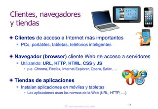 Clientes, navegadores 
y tiendas 
Clientes de acceso a Internet más importantes 
n PCs, portátiles, tabletas, teléfonos inteligentes 
! 
Navegador (browser) cliente Web de acceso a servidores 
n Utilizando: URL, HTTP, HTML, CSS y JS 
w p.e. Chrome, Firefox, Internet Explorer, Opera, Safari, ... 
! 
Tiendas de aplicaciones 
n Instalan aplicaciones en móviles y tabletas 
w Las aplicaciones usan las normas de la Web (URL, HTTP, ....) 
© 14 Juan Quemada, DIT, UPM 
 