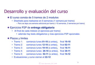 Desarrollo y evaluación del curso 
El curso consta de 5 tramos de 2 modulos 
n Diseñado para realizarse en 5 semanas (1 semana por tramo) 
w Pero se deja una semana adicional por tramo (~10 semanas, ! 2 semanas por tramo) 
Ejercicios P2P de entrega obligatoria 
n Al final de cada módulo (2 ejercicios por tramo) 
n además! hay tests obligatorios y mas ejercicios P2P opcionales 
Plazos y limites 
n Tramo 1: comienzo lunes 01-10 (o antes), final 19-10 
n Tramo 2: comienzo lunes 12-10 (o antes), final 02-11 
n Tramo 3: comienzo lunes 19-10 (o antes), final 16-11 
n Tramo 4: comienzo lunes 26-10 (o antes), final 30-11 
n Tramo 5: comienzo lunes 02-11 (o antes), final 14-12 
n Evaluaciones y curso cierran el 22-12 
© 5 Juan Quemada, DIT, UPM 
 