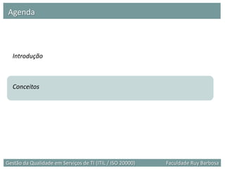 Agenda



  Introdução



  Conceitos




Gestão da Qualidade em Serviços de TI (ITIL / ISO 20000)   Faculdade Ruy Barbosa
 