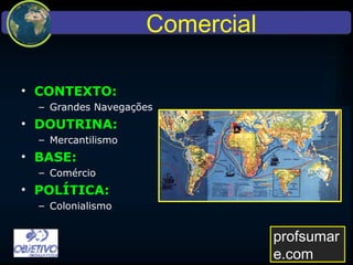 Comercial
• CONTEXTO:
– Grandes Navegações
• DOUTRINA:
– Mercantilismo
• BASE:
– Comércio
• POLÍTICA:
– Colonialismo
profsumare.com
 