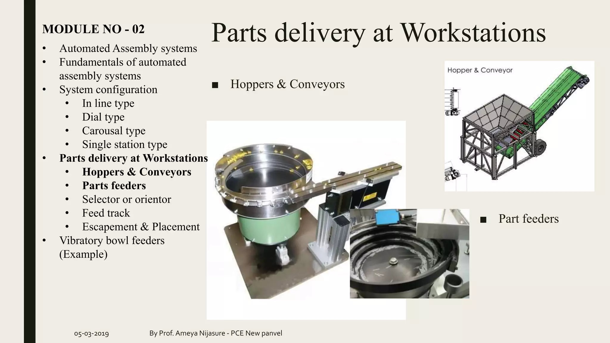 Parts delivery at WorkstationsMODULE NO - 02
05-03-2019 By Prof. Ameya Nijasure - PCE New panvel
■ Hoppers & Conveyors
■ Part feeders
• Automated Assembly systems
• Fundamentals of automated
assembly systems
• System configuration
• In line type
• Dial type
• Carousal type
• Single station type
• Parts delivery at Workstations
• Hoppers & Conveyors
• Parts feeders
• Selector or orientor
• Feed track
• Escapement & Placement
• Vibratory bowl feeders
(Example)
 