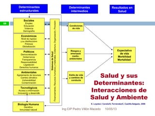 10/05/13
19
Condiciones
de vida
Estilo de vida
y cambios de
conducta
Riesgos y
amenazas
medio-
ambientales
Determinantes
estructurales
Determinantes
intermedios
Sociales
Empleo
Educación
Violencia
Demografía
Económicos
Nivel de ingreso
y su distribuciónn
Pobreza
Globalización
Políticos
Democratización
Gobernanza
Transparencia
Responsabilidad
Legislación
Derechos humanos
Ambientales
Agotamiento de recursos
Cambio climático
Vulnerabilidad
Contaminación
Tecnológicos
Acceso a información
Innovación y desarrollo
SistemasdeSalud
Financiamiento,Recursoshumanosymateriales,Cobertura,Organización,Provisión
Biología Humana
Genética
Inmunidad natural
E. Loyola/J. Canela/G. Fernández/C. Castillo-Salgado, 2006
Resultados en
Salud
Expectativa
de vida
Morbilidad
Mortalidad
Salud y sus
Determinantes:
Interacciones de
Salud y Ambiente
19
Ing.CIP Pedro Villón Macedo
 
