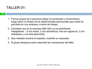 25
TALLER 01:
1. Formar grupos de 5 personas (elegir al coordinador y al secretario),
luego hacer un listado de los determinantes estructurales que usted ha
percibido en una empresa o centro de trabajo..
2. Considere que en la empresa ABC SAC se ha identificado
trabajadores : 5 con stress, 2 son alcohólicos, tres son agresivos, 3 con
sobrepeso y uno esta desnutrido.
3. Que medidas tomaría al respecto, sustente su respuesta.
4. El grupo designara quien expondrá las conclusiones del taller.
25
Ing.CIP Pedro Villón Macedo
 