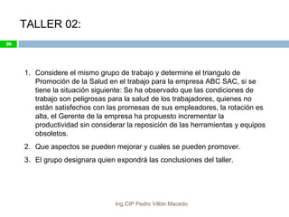 TALLER 02:
1. Considere el mismo grupo de trabajo y determine el triangulo de
Promoción de la Salud en el trabajo para la empresa ABC SAC, si se
tiene la situación siguiente: Se ha observado que las condiciones de
trabajo son peligrosas para la salud de los trabajadores, quienes no
están satisfechos con las promesas de sus empleadores, la rotación es
alta, el Gerente de la empresa ha propuesto incrementar la
productividad sin considerar la reposición de las herramientas y equipos
obsoletos.
2. Que aspectos se pueden mejorar y cuales se pueden promover.
3. El grupo designara quien expondrá las conclusiones del taller.
26
Ing.CIP Pedro Villón Macedo
 