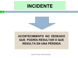 INCIDENTEINCIDENTEINCIDENTEINCIDENTE
ACONTECIMIENTO NO DESEADO
QUE PODRÍA RESULTAR O QUE
RESULTA EN UNA PÉRDIDA
53
Ing.CIP Pedro Villón Macedo
 