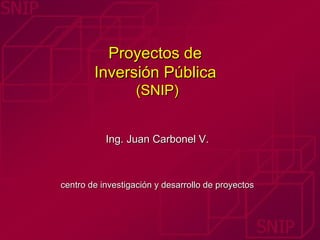 Proyectos de  Inversión Pública   (SNIP) Ing. Juan Carbonel V. centro de investigación y desarrollo de proyectos 