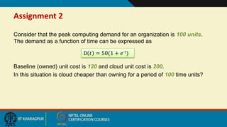 Assignment 2
Consider that the peak computing demand for an organization is 100 units.
The demand as a function of time can be expressed as
Baseline (owned) unit cost is 120 and cloud unit cost is 200.
In this situation is cloud cheaper than owning for a period of 100 time units?
D 𝑡 = 50(1 + 𝑒
_ 𝑡)
 