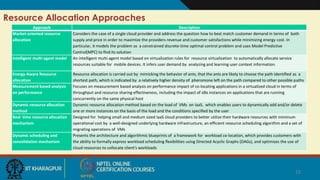 12
Resource Allocation Approaches
12
Approach Description
Market-oriented resource
allocation
Considers the case of a single cloud provider and address the question how to best match customer demand in terms of both
supply and price in order to maximize the providers revenue and customer satisfactions while minimizing energy cost. In
particular, it models the problem as a constrained discrete-time optimal control problem and uses Model Predictive
Control(MPC) to ﬁnd its solution
Intelligent multi-agent model An intelligent multi-agent model based on virtualization rules for resource virtualization to automatically allocate service
resources suitable for mobile devices. It infers user demand by analyzing and learning user context information.
Energy-Aware Resource
allocation
Resource allocation is carried out by mimicking the behavior of ants, that the ants are likely to choose the path identiﬁed as a
shortest path, which is indicated by a relatively higher density of pheromone left on the path compared to other possible paths
Measurement based analysis
on performance
Focuses on measurement based analysis on performance impact of co-locating applications in a virtualized cloud in terms of
throughput and resource sharing effectiveness, including the impact of idle instances on applications that are running
concurrently on the same physical host
Dynamic resource allocation
method
Dynamic resource allocation method based on the load of VMs on IaaS, which enables users to dynamically add and/or delete
one or more instances on the basis of the load and the conditions speciﬁed by the user
Real time resource allocation
mechanism
Designed for helping small and medium sized IaaS cloud providers to better utilize their hardware resources with minimum
operational cost by a well-designed underlying hardware infrastructure, an efﬁcient resource scheduling algorithm and a set of
migrating operations of VMs
Dynamic scheduling and
consolidation mechanism
Presents the architecture and algorithmic blueprints of a framework for workload co-location, which provides customers with
the ability to formally express workload scheduling ﬂexibilities using Directed Acyclic Graphs (DAGs), and optimizes the use of
cloud resources to collocate client's workloads
 