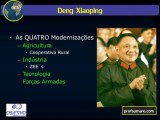 Deng Xiaoping
• As QUATRO Modernizações
– Agricultura
• Cooperativa Rural
– Indústria
• ZEE´s
– Tecnologia
– Forças Armadas
profsumare.com
 