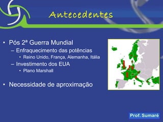 Antecedentes Pós 2ª Guerra Mundial Enfraquecimento das potências Reino Unido, França, Alemanha, Itália Investimento dos EUA Plano Marshall Necessidade de aproximação