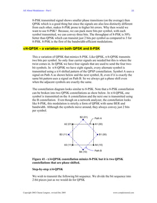All About Modulation – Part I                                                                    35


          8-PSK transmitted signal shows smaller phase transitions (on the average) then
          QPSK which is a good thing but since the signals are also less distinctly different
          from each other, makes 8-PSK prone to higher bit errors. Why then would we
          want to use 8-PSK? Because, we can pack more bits per symbol, with each
          symbol transmitted, we can convey three bits. The throughput of 8-PSK is 50%
          better than QPSK which can transmit just 2 bits per symbol as compared to 3 for
          8-PSK. 8-PSK is the first of the bandwidth-efficient modulations.

π/4-QPSK – a variation on both QPSK and 8-PSK

          This a variation of QPSK that mimics 8-PSK. Like QPSK, π/4-QPSK transmits
          two bits per symbol. So only four carrier signals are needed but this is where the
          twist comes in. In QPSK we have four signals that are used to send the four two-
          bit symbols. In π/4-QPSK we have eight signals, every alternate symbol is
          transmitted using a π/4 shifted pattern of the QPSP constellation. Symbol A uses a
          signal on Path A as shown below and the next symbol, B, even if it is exactly the
          same bit pattern uses a signal on Path B. So we always get a phase shift even
          when the adjacent symbols are exactly the same.

          The constellation diagram looks similar to 8-PSK. Note that a 8-PSK constellation
          can be broken into two QPSK constellations as show below. In π/4-QPSK, one
          symbol is transmitted on the A constellation and the next one is transmitted using
          the B constellation. Even though on a network analyzer, the constellation looks
          like 8-PSK, this modulation is strictly a form of QPSK with same BER and
          bandwidth. Although the symbols move around, they always convey just 2 bits
          per symbol.

                                                        B2 (01)   Path A

                                              A2 (01)             A1 (00)



                                         B3 (11)                     B1 (00)



                                              A3 (11)             A4 (10)

                                                        B4 (10)   Path B


          Figure 41 - π/4-QPSK constellation mimics 8-PSK but it is two QPSK
          constellations that are phase shifted.

          Step-by-step π/4-QPSK

          We wish to transmit the following bit sequence. We divide the bit sequence into
          2-bit pieces just as we would do for QPSK



Copyright 2002 Charan Langton , revised Dec 2005                               www.complextoreal.com
 