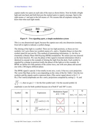 All About Modulation – Part I                                                                         8


captain marks two spots on each side of the mast as shown below. Now he holds a bright
light and runs back and forth between the marked spots to signal a message. Spot to the
right means a 1 and spot to the left means a 0. We assume that all airplanes seeing this
know that what each light stands.




          Figure 9 – Two signaling spots, a simple modulation system

This is a one dimensional signal, because the captain uses only one dimension (running
from left to right) to indicate a symbol change.

The shining of the light is a symbol. There are two light positions, so those are two
symbols. Let’s give these two symbols names of s1 and s2. Simplest thing is to have the
symbol stand for just one bit. This method of transmitting information, i.e. the bits, is
essentially a Binary Phase Shift Keying (BPSK) modulation. We utilize just one sinusoid
as the basis function. We vary the phase of this signal to transmit information which is
identical in concept to the example of shining the light from the deck. Each symbol is
signaled by a change in position (really the phase) of the light as in this example. In
BPSK we define two little packets of the cosine wave, one with zero phase and second
one with a 180 degree different phase.

The BPSK signal is special. It lies totally in one axis, x-axis. It has no y-axis projection.
The vector flip-flops on the x-axis depending on the value of the bit. Table 1 lists the two
symbols and the signals used to represent them. (The carrier signal shown is for f = 1
Hz.) The I and Q amplitudes are the x and y projections computed by setting fc = 0, and

  2 Es
       = 1 , then we get, I = 1 for the first symbol and -1 for the second symbol. Q
   T
amplitude is zero for both symbols because sin of both 0° and 180° is zero.

                                                               Modulation Signal       I            Q
Symbol              Bit                  Expression
                                                                 at fc = 1 Hz      At fc = 0    At fc = 0

                                      2 Es
    S1               0                     cos(2π f c t + 0)
                                       T                                                   1          0

                                      2 Es
    S2               1                     cos(2π ft + π )
                                       T                                               -1             0




Copyright 2002 Charan Langton , revised Dec 2005                                   www.complextoreal.com
 