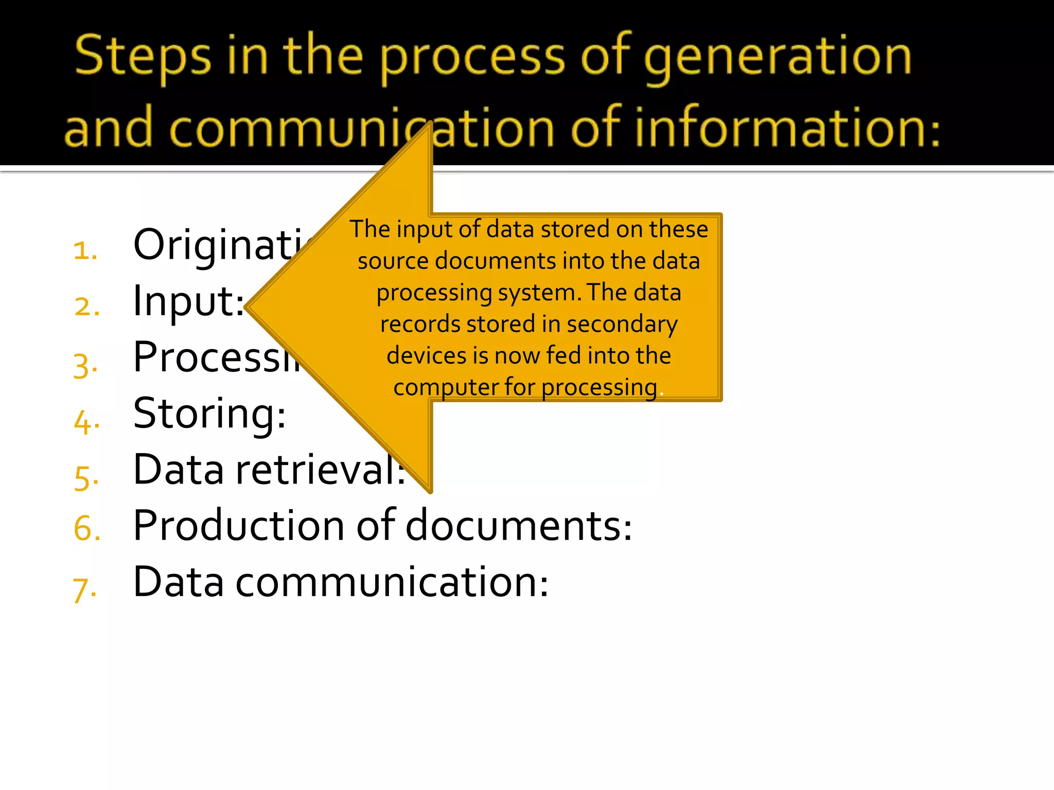 1. Origination:
2. Input:
3. Processing:
4. Storing:
5. Data retrieval:
6. Production of documents:
7. Data communication:
The input of data stored on these
source documents into the data
processing system.The data
records stored in secondary
devices is now fed into the
computer for processing.
 