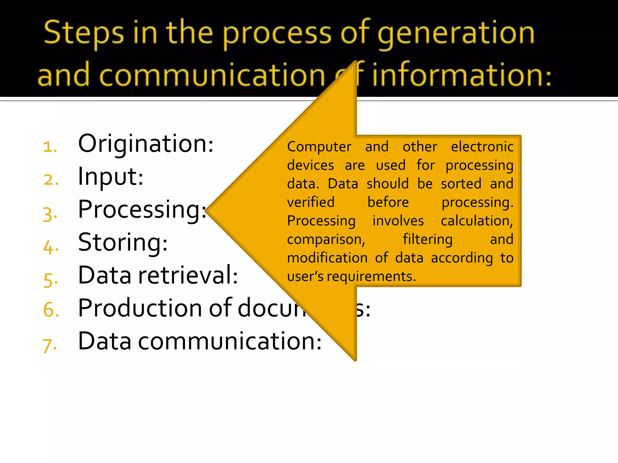 1. Origination:
2. Input:
3. Processing:
4. Storing:
5. Data retrieval:
6. Production of documents:
7. Data communication:
Computer and other electronic
devices are used for processing
data. Data should be sorted and
verified before processing.
Processing involves calculation,
comparison, filtering and
modification of data according to
user’s requirements.
 