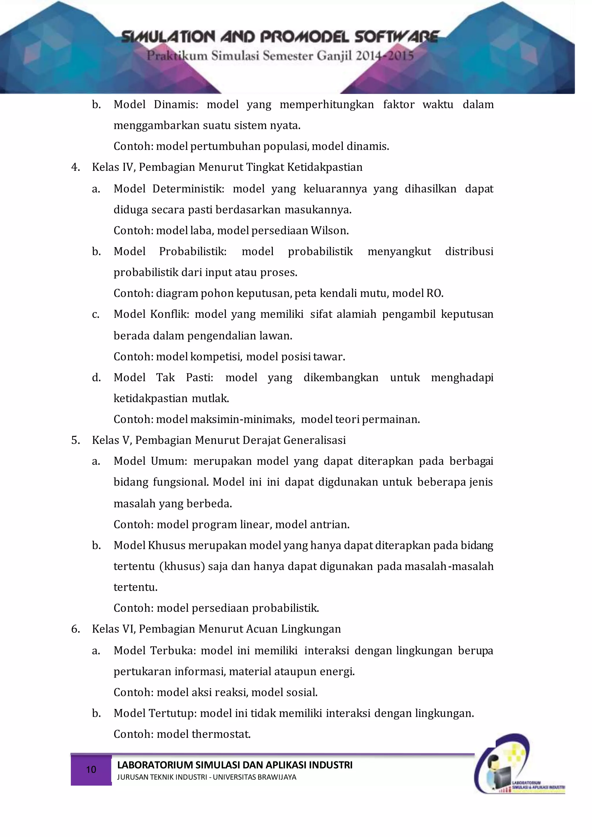 10 LABORATORIUM SIMULASI DAN APLIKASI INDUSTRI
JURUSAN TEKNIK INDUSTRI -UNIVERSITAS BRAWIJAYA
b. Model Dinamis: model yang memperhitungkan faktor waktu dalam
menggambarkan suatu sistem nyata.
Contoh: model pertumbuhan populasi, model dinamis.
4. Kelas IV, Pembagian Menurut Tingkat Ketidakpastian
a. Model Deterministik: model yang keluarannya yang dihasilkan dapat
diduga secara pasti berdasarkan masukannya.
Contoh: model laba, model persediaan Wilson.
b. Model Probabilistik: model probabilistik menyangkut distribusi
probabilistik dari input atau proses.
Contoh: diagram pohon keputusan, peta kendali mutu, model RO.
c. Model Konflik: model yang memiliki sifat alamiah pengambil keputusan
berada dalam pengendalian lawan.
Contoh: model kompetisi, model posisi tawar.
d. Model Tak Pasti: model yang dikembangkan untuk menghadapi
ketidakpastian mutlak.
Contoh: model maksimin-minimaks, model teori permainan.
5. Kelas V, Pembagian Menurut Derajat Generalisasi
a. Model Umum: merupakan model yang dapat diterapkan pada berbagai
bidang fungsional. Model ini ini dapat digdunakan untuk beberapa jenis
masalah yang berbeda.
Contoh: model program linear, model antrian.
b. Model Khusus merupakan model yang hanya dapat diterapkan pada bidang
tertentu (khusus) saja dan hanya dapat digunakan pada masalah-masalah
tertentu.
Contoh: model persediaan probabilistik.
6. Kelas VI, Pembagian Menurut Acuan Lingkungan
a. Model Terbuka: model ini memiliki interaksi dengan lingkungan berupa
pertukaran informasi, material ataupun energi.
Contoh: model aksi reaksi, model sosial.
b. Model Tertutup: model ini tidak memiliki interaksi dengan lingkungan.
Contoh: model thermostat.
 