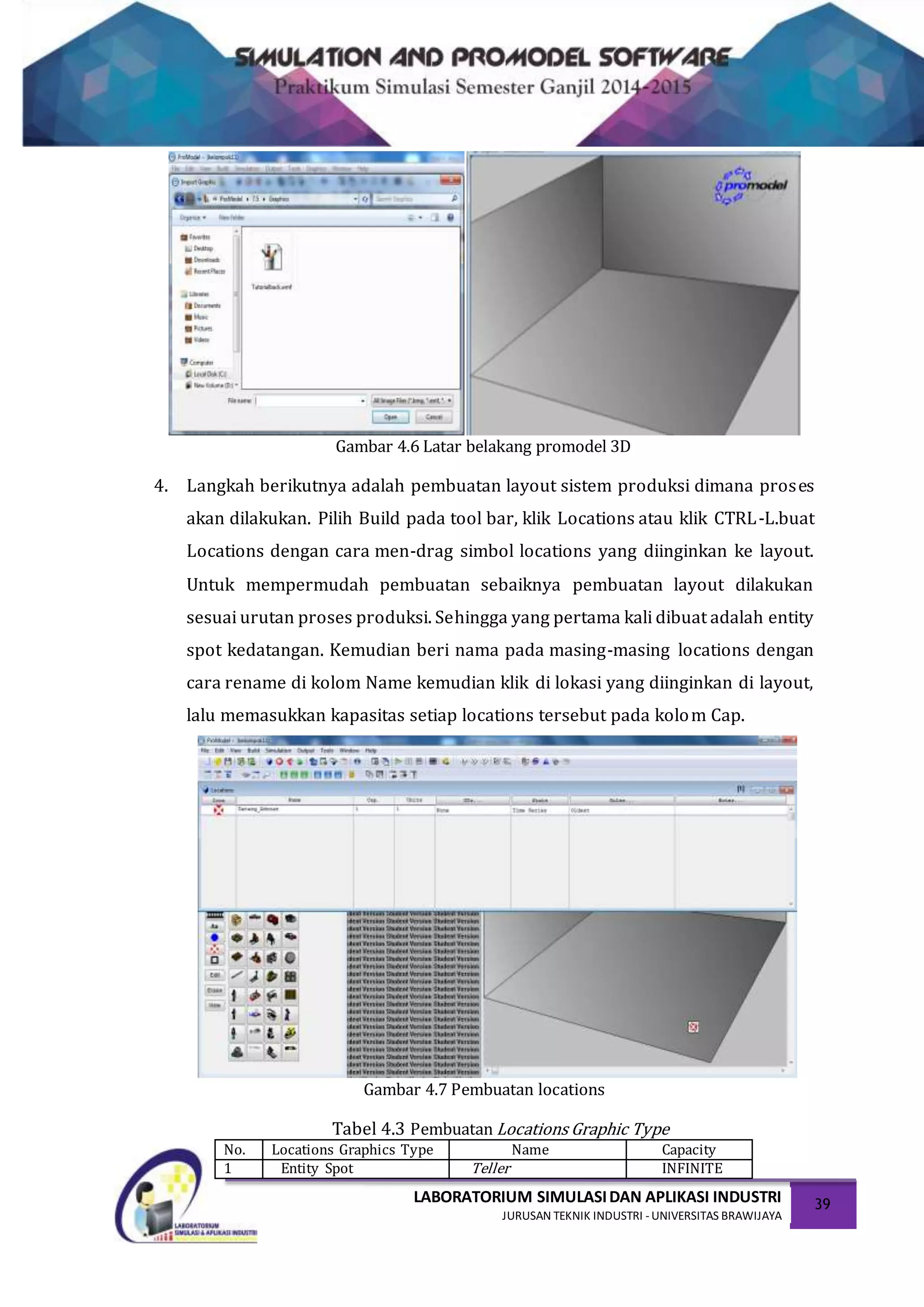 LABORATORIUM SIMULASIDAN APLIKASI INDUSTRI
JURUSAN TEKNIK INDUSTRI -UNIVERSITAS BRAWIJAYA
39
Gambar 4.6 Latar belakang promodel 3D
4. Langkah berikutnya adalah pembuatan layout sistem produksi dimana proses
akan dilakukan. Pilih Build pada tool bar, klik Locations atau klik CTRL-L.buat
Locations dengan cara men-drag simbol locations yang diinginkan ke layout.
Untuk mempermudah pembuatan sebaiknya pembuatan layout dilakukan
sesuai urutan proses produksi. Sehingga yang pertama kali dibuat adalah entity
spot kedatangan. Kemudian beri nama pada masing-masing locations dengan
cara rename di kolom Name kemudian klik di lokasi yang diinginkan di layout,
lalu memasukkan kapasitas setiap locations tersebut pada kolom Cap.
Gambar 4.7 Pembuatan locations
Tabel 4.3 Pembuatan Locations Graphic Type
No. Locations Graphics Type Name Capacity
1 Entity Spot Teller INFINITE
 