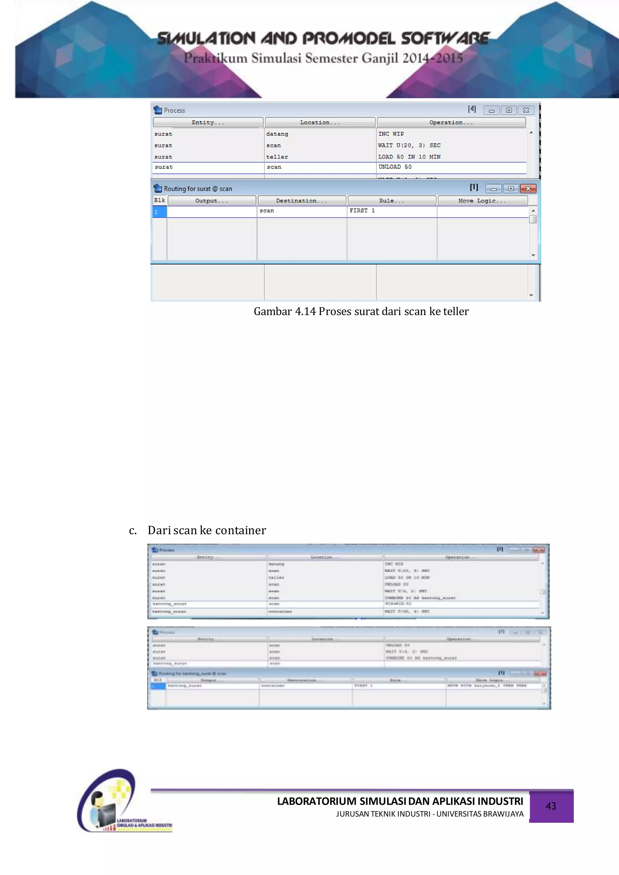 LABORATORIUM SIMULASIDAN APLIKASI INDUSTRI
JURUSAN TEKNIK INDUSTRI -UNIVERSITAS BRAWIJAYA
43
Gambar 4.14 Proses surat dari scan ke teller
c. Dari scan ke container
 