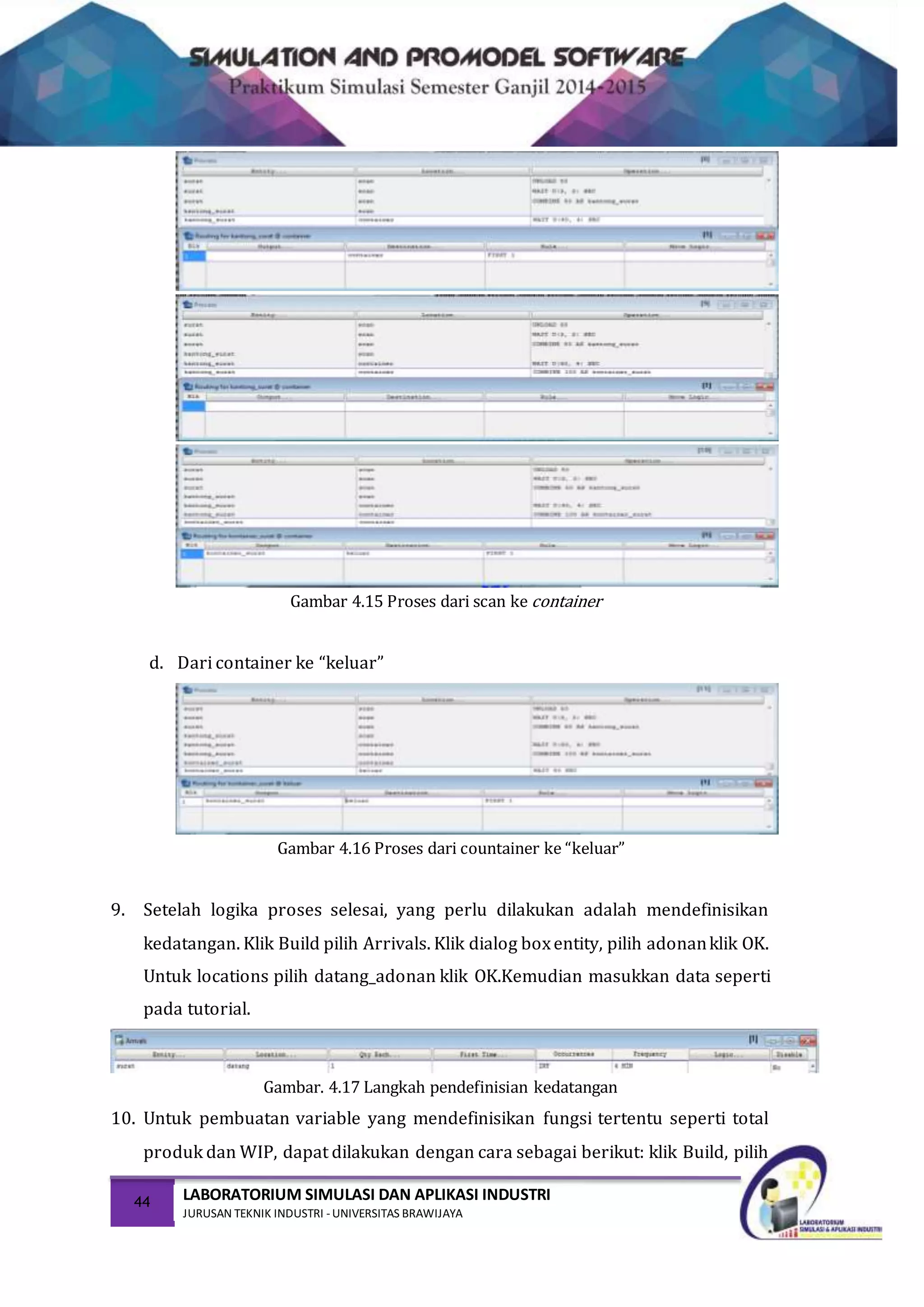 44 LABORATORIUM SIMULASI DAN APLIKASI INDUSTRI
JURUSAN TEKNIK INDUSTRI -UNIVERSITAS BRAWIJAYA
Gambar 4.15 Proses dari scan ke container
d. Dari container ke “keluar”
Gambar 4.16 Proses dari countainer ke “keluar”
9. Setelah logika proses selesai, yang perlu dilakukan adalah mendefinisikan
kedatangan. Klik Build pilih Arrivals. Klik dialog boxentity, pilih adonanklik OK.
Untuk locations pilih datang_adonan klik OK.Kemudian masukkan data seperti
pada tutorial.
Gambar. 4.17 Langkah pendefinisian kedatangan
10. Untuk pembuatan variable yang mendefinisikan fungsi tertentu seperti total
produk dan WIP, dapat dilakukan dengan cara sebagai berikut: klik Build, pilih
 
