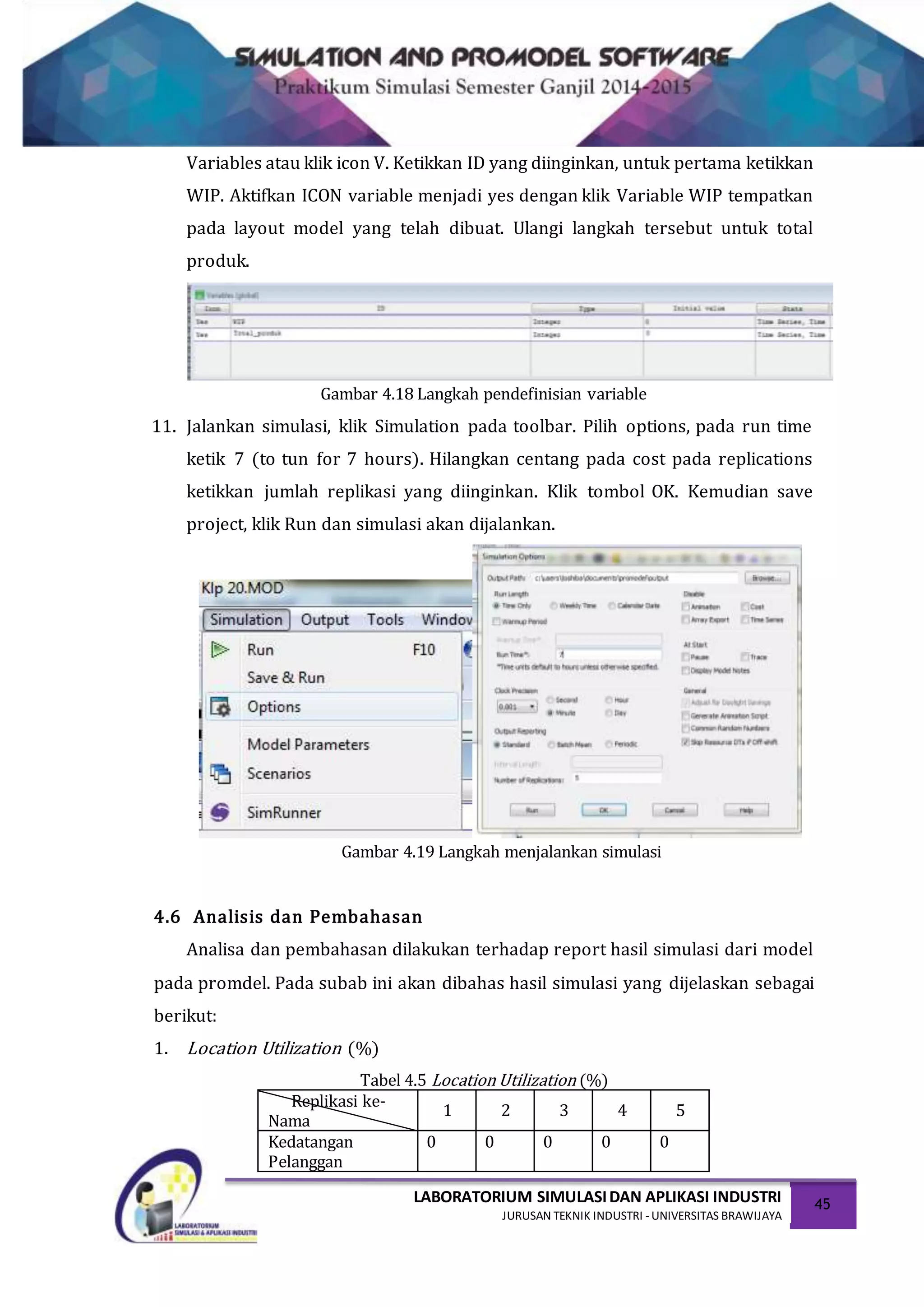 LABORATORIUM SIMULASIDAN APLIKASI INDUSTRI
JURUSAN TEKNIK INDUSTRI -UNIVERSITAS BRAWIJAYA
45
Variables atau klik icon V. Ketikkan ID yang diinginkan, untuk pertama ketikkan
WIP. Aktifkan ICON variable menjadi yes dengan klik Variable WIP tempatkan
pada layout model yang telah dibuat. Ulangi langkah tersebut untuk total
produk.
Gambar 4.18 Langkah pendefinisian variable
11. Jalankan simulasi, klik Simulation pada toolbar. Pilih options, pada run time
ketik 7 (to tun for 7 hours). Hilangkan centang pada cost pada replications
ketikkan jumlah replikasi yang diinginkan. Klik tombol OK. Kemudian save
project, klik Run dan simulasi akan dijalankan.
Gambar 4.19 Langkah menjalankan simulasi
4.6 Analisis dan Pembahasan
Analisa dan pembahasan dilakukan terhadap report hasil simulasi dari model
pada promdel. Pada subab ini akan dibahas hasil simulasi yang dijelaskan sebagai
berikut:
1. Location Utilization (%)
Tabel 4.5 Location Utilization (%)
Replikasi ke-
Nama
1 2 3 4 5
Kedatangan
Pelanggan
0 0 0 0 0
 