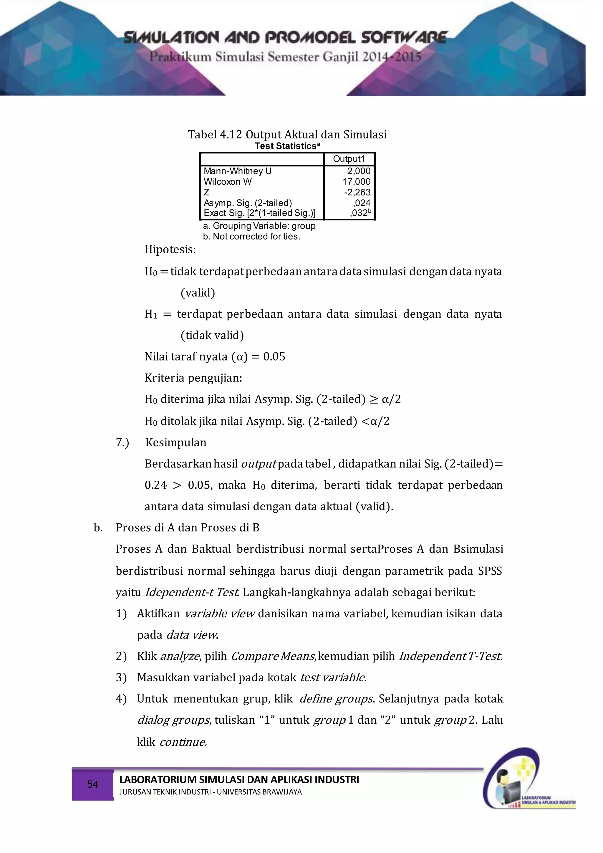 54 LABORATORIUM SIMULASI DAN APLIKASI INDUSTRI
JURUSAN TEKNIK INDUSTRI -UNIVERSITAS BRAWIJAYA
Tabel 4.12 Output Aktual dan Simulasi
Test Statisticsa
Output1
Mann-Whitney U 2,000
Wilcoxon W 17,000
Z -2,263
Asymp. Sig. (2-tailed) ,024
Exact Sig. [2*(1-tailed Sig.)] ,032b
a. Grouping Variable: group
b. Not corrected for ties.
Hipotesis:
H0 =tidak terdapatperbedaanantaradatasimulasi dengandata nyata
(valid)
H1 = terdapat perbedaan antara data simulasi dengan data nyata
(tidak valid)
Nilai taraf nyata (α) = 0.05
Kriteria pengujian:
H0 diterima jika nilai Asymp. Sig. (2-tailed) ≥ α/2
H0 ditolak jika nilai Asymp. Sig. (2-tailed) <α/2
7.) Kesimpulan
Berdasarkanhasil output padatabel , didapatkan nilai Sig. (2-tailed)=
0.24 > 0.05, maka H0 diterima, berarti tidak terdapat perbedaan
antara data simulasi dengan data aktual (valid).
b. Proses di A dan Proses di B
Proses A dan Baktual berdistribusi normal sertaProses A dan Bsimulasi
berdistribusi normal sehingga harus diuji dengan parametrik pada SPSS
yaitu Idependent-t Test. Langkah-langkahnya adalah sebagai berikut:
1) Aktifkan variable view danisikan nama variabel, kemudian isikan data
pada data view.
2) Klik analyze, pilih CompareMeans,kemudian pilih IndependentT-Test.
3) Masukkan variabel pada kotak test variable.
4) Untuk menentukan grup, klik define groups. Selanjutnya pada kotak
dialog groups, tuliskan “1” untuk group 1 dan “2” untuk group 2. Lalu
klik continue.
 