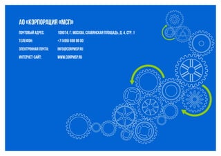 АО «Корпорация «МСП»
109074, г. Москва, Славянская площадь, д. 4, стр. 1
+7 (495) 698 98 00
info@corpmsp.ru
www.corpmsp.ru
Почтовый адрес:
Электронная почта:
Интернет-сайт:
Телефон:
 