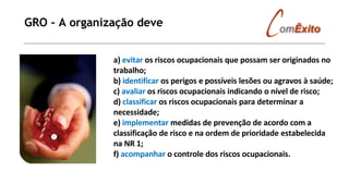 GRO - A organização deve
a) evitar os riscos ocupacionais que possam ser originados no
trabalho;
b) identificar os perigos e possíveis lesões ou agravos à saúde;
c) avaliar os riscos ocupacionais indicando o nível de risco;
d) classificar os riscos ocupacionais para determinar a
necessidade;
e) implementar medidas de prevenção de acordo com a
classificação de risco e na ordem de prioridade estabelecida
na NR 1;
f) acompanhar o controle dos riscos ocupacionais.
 