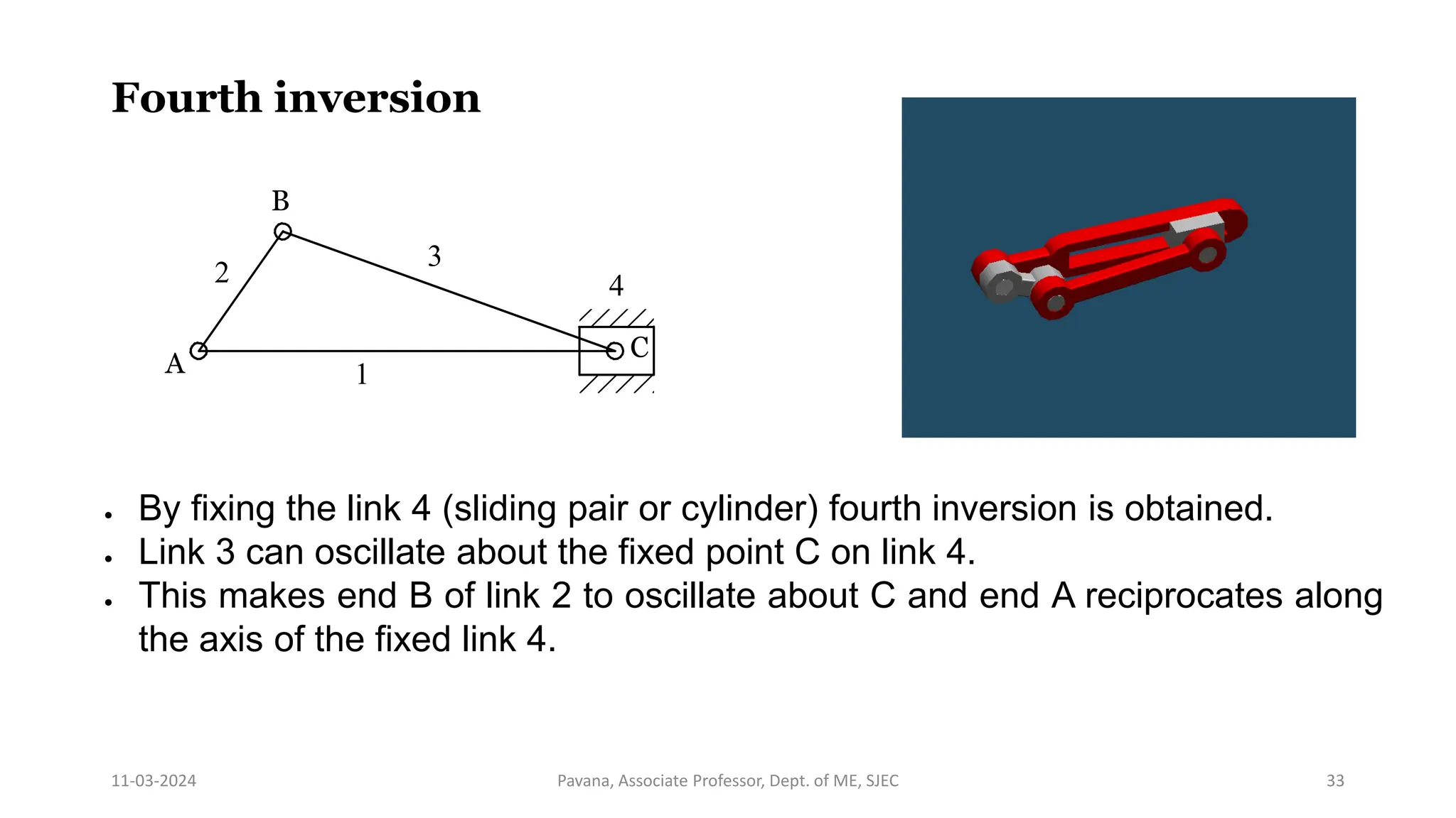 11-03-2024 Pavana, Associate Professor, Dept. of ME, SJEC 33
Fourth inversion
1
2
3
4
A
B
C
 By fixing the link 4 (sliding pair or cylinder) fourth inversion is obtained.
 Link 3 can oscillate about the fixed point C on link 4.
 This makes end B of link 2 to oscillate about C and end A reciprocates along
the axis of the fixed link 4.
 