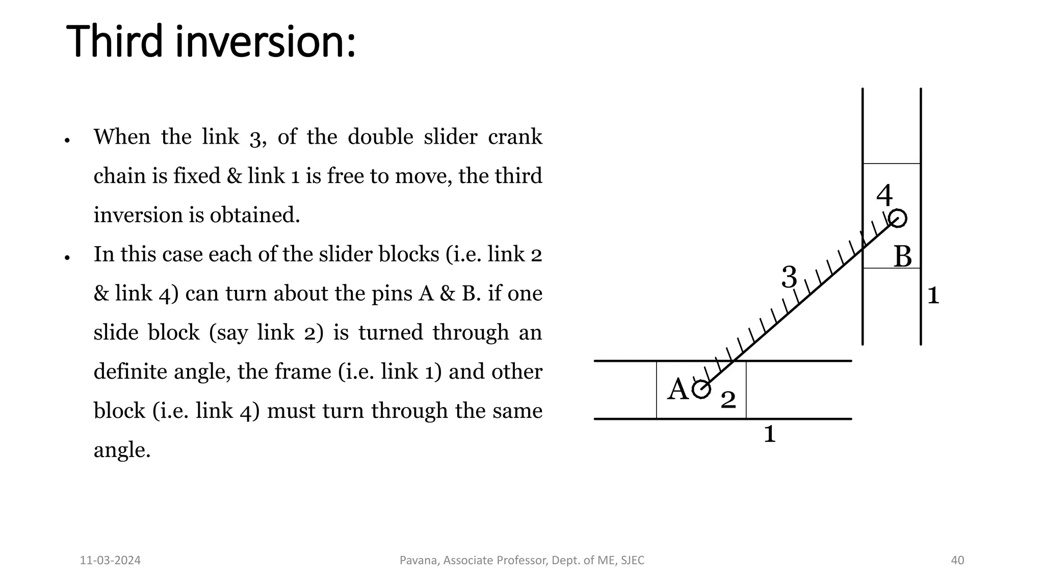 11-03-2024 Pavana, Associate Professor, Dept. of ME, SJEC 40
Third inversion:
1
2
3
4
1
A
B
 When the link 3, of the double slider crank
chain is fixed & link 1 is free to move, the third
inversion is obtained.
 In this case each of the slider blocks (i.e. link 2
& link 4) can turn about the pins A & B. if one
slide block (say link 2) is turned through an
definite angle, the frame (i.e. link 1) and other
block (i.e. link 4) must turn through the same
angle.
 