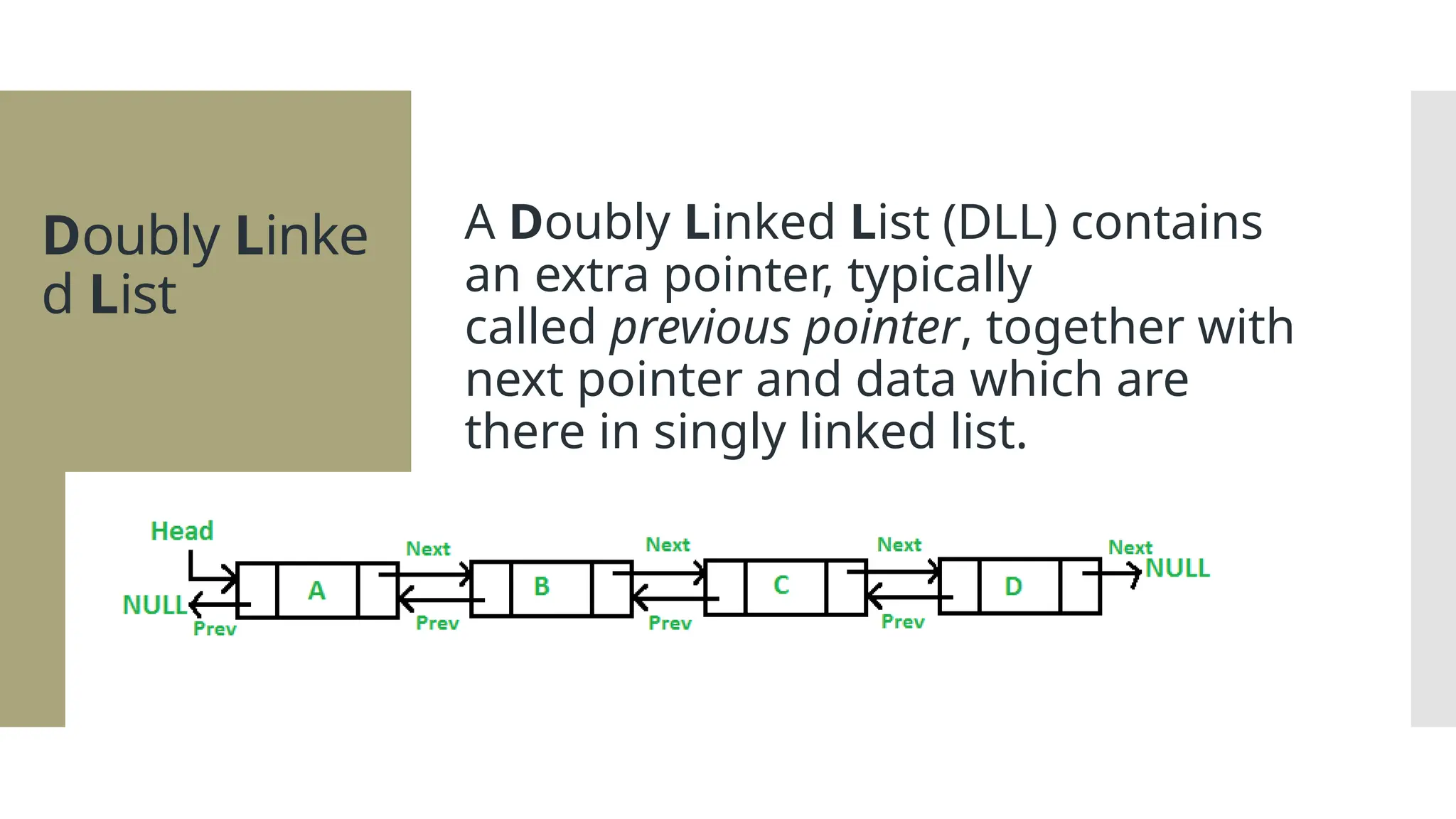 Doubly Linke d List A Doubly Linked List (DLL) contains an extra pointer, typically called previous pointer, together with next pointer and data which are there in singly linked list. 
