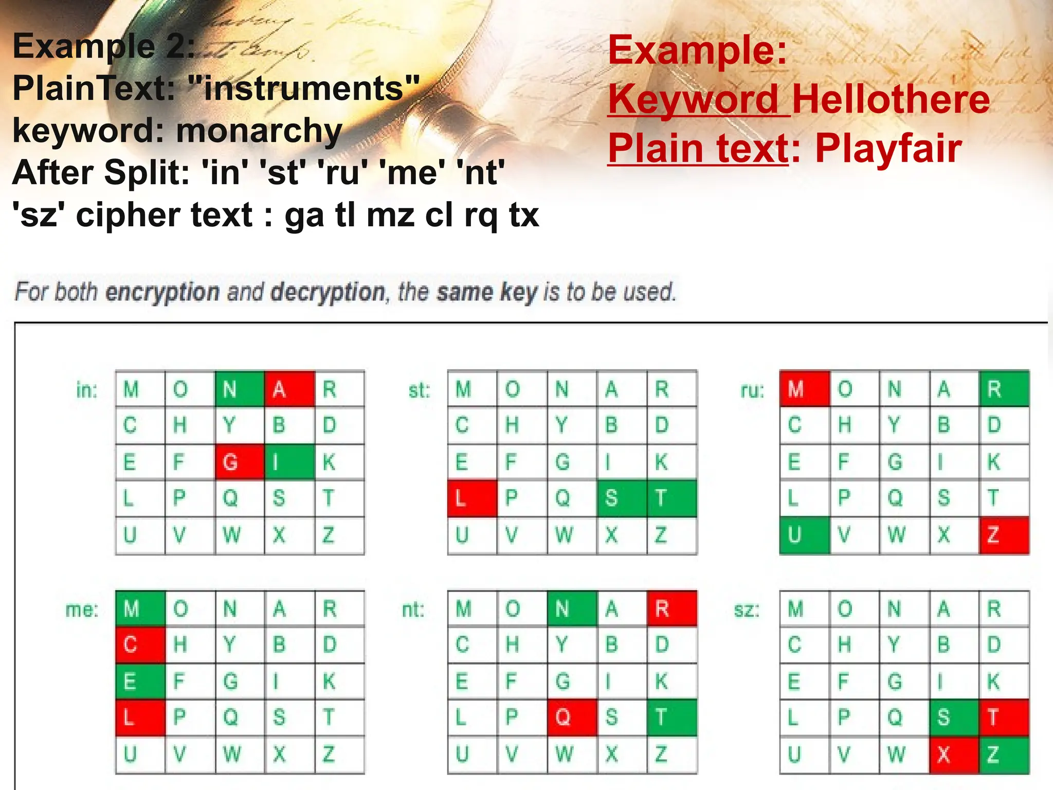 Example 2:
PlainText: "instruments"
keyword: monarchy
After Split: 'in' 'st' 'ru' 'me' 'nt'
'sz' cipher text : ga tl mz cl rq tx
Example:
Keyword Hellothere
Plain text: Playfair
 