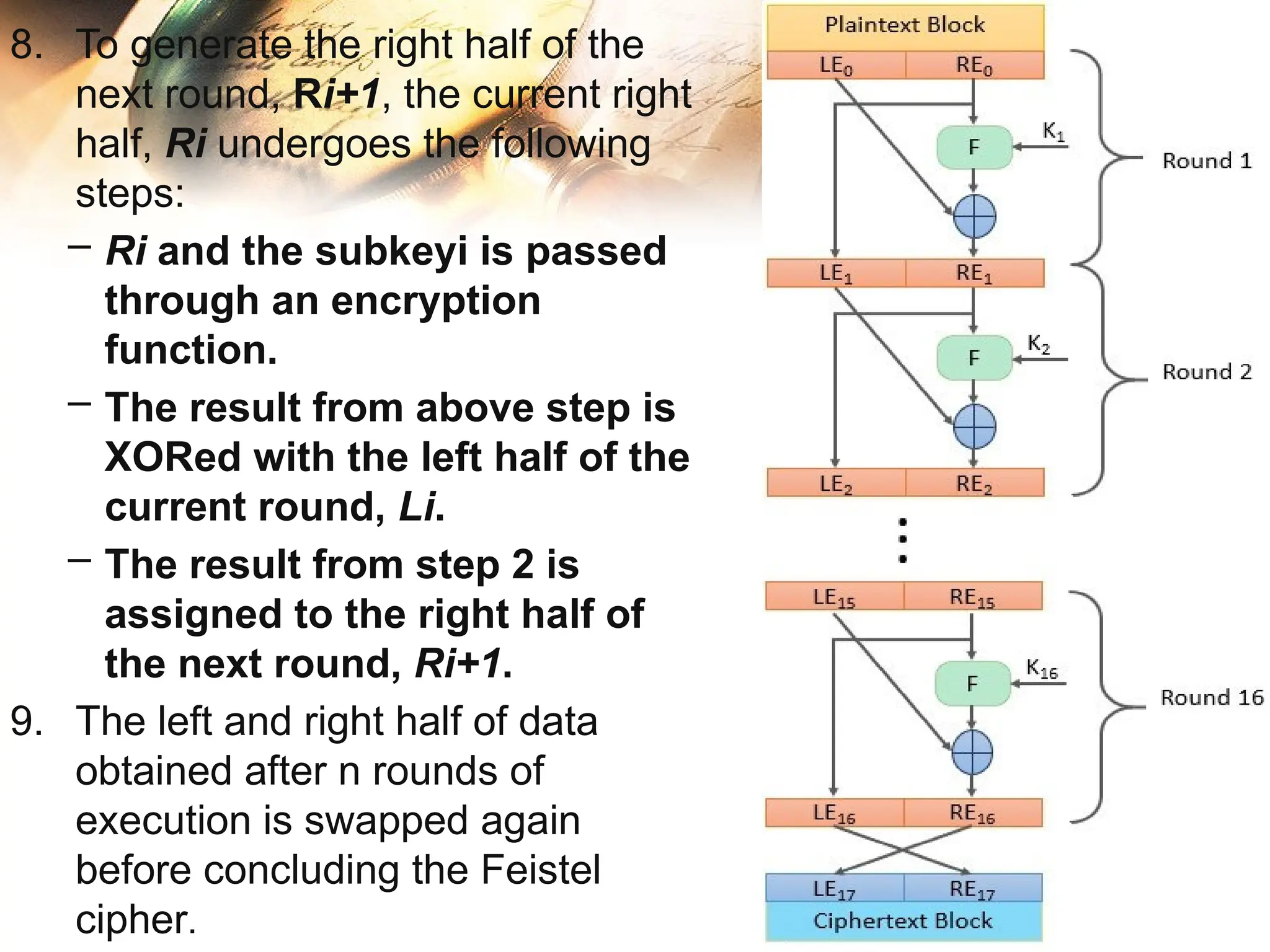 8. To generate the right half of the
next round, Ri+1​
, the current right
half, Ri​undergoes the following
steps:
– Ri​and the subkeyi is passed
through an encryption
function.
– The result from above step is
XORed with the left half of the
current round, Li​
.
– The result from step 2 is
assigned to the right half of
the next round, Ri+1​
.
9. The left and right half of data
obtained after n rounds of
execution is swapped again
before concluding the Feistel
cipher.
 
