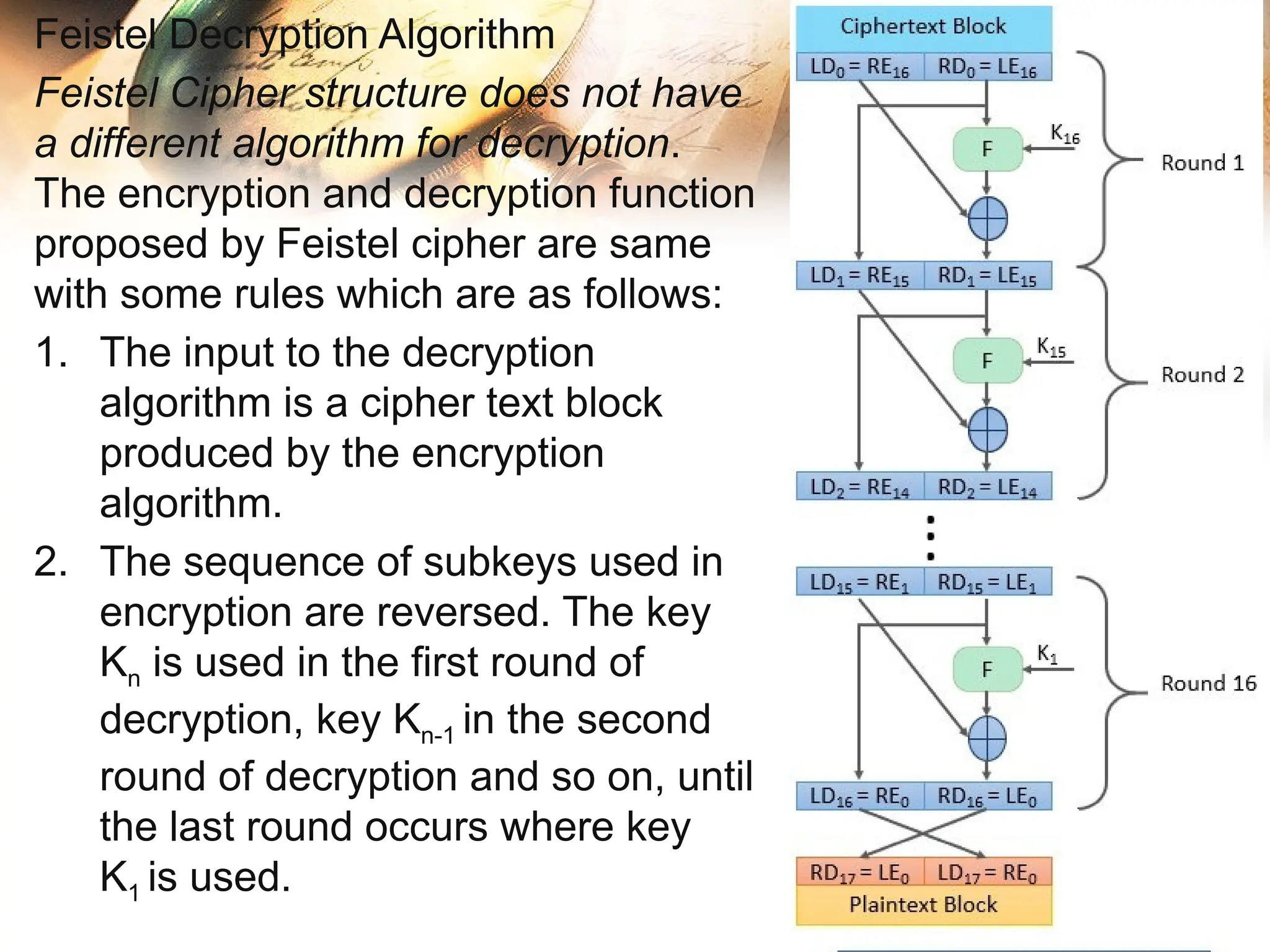 Feistel Decryption Algorithm
Feistel Cipher structure does not have
a different algorithm for decryption.
The encryption and decryption function
proposed by Feistel cipher are same
with some rules which are as follows:
1. The input to the decryption
algorithm is a cipher text block
produced by the encryption
algorithm.
2. The sequence of subkeys used in
encryption are reversed. The key
Kn is used in the first round of
decryption, key Kn-1 in the second
round of decryption and so on, until
the last round occurs where key
K1 is used.
 