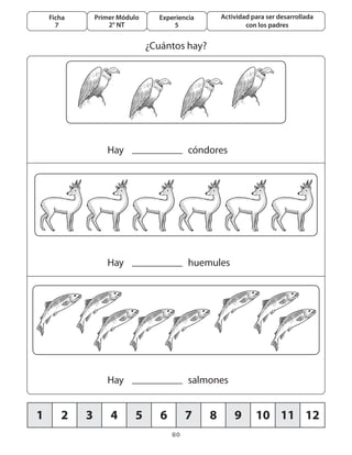 80
Primer Módulo
2° NT
Ficha
7
Experiencia
5
Actividad para ser desarrollada
con los padres
¿Cuántos hay?
Hay	 cóndores
Hay	 huemules
Hay	 salmones
1 2 3 4 5 6 7 8 9 10 11 12
 
