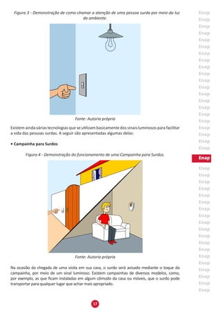 17
Figura 3 - Demonstração de como chamar a atenção de uma pessoa surda por meio da luz
do ambiente.
Fonte: Autoria própria
Existem ainda várias tecnologias que se utilizam basicamente dos sinais luminosos para facilitar
a vida das pessoas surdas. A seguir são apresentadas algumas delas:
• Campainha para Surdos
Figura 4 - Demonstração do funcionamento de uma Campainha para Surdos.
Fonte: Autoria própria
Na ocasião da chegada de uma visita em sua casa, o surdo será avisado mediante o toque da
campainha, por meio de um sinal luminoso. Existem campainhas de diversos modelos, como,
por exemplo, as que ficam instaladas em algum cômodo da casa ou móveis, que o surdo pode
transportar para qualquer lugar que achar mais apropriado.
 