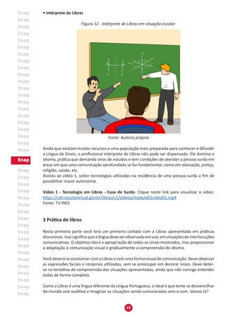 22
• Intérprete de Libras
Figura 12 - Intérprete de Libras em situação escolar.
Fonte: Autoria própria
Ainda que existam muitos recursos e uma população mais preparada para conhecer e difundir
a Língua de Sinais, o profissional intérprete de Libras não pode ser dispensado. Ele domina o
idioma, prática que demanda anos de estudos e tem condições de atender a pessoa surda em
áreas em que uma comunicação aprofundada se faz fundamental, como em educação, justiça,
religião, saúde, etc.
Assista ao vídeo 1, sobre tecnologias utilizadas na residência de uma pessoa surda a fim de
possibilitar maior autonomia.
Vídeo 1 - Tecnologia em Libras - Casa de Surdo. Clique neste link para visualizar o vídeo:
https://cdn.escolavirtual.gov.br/libras/v1/videos/modulo01video01.mp4
Fonte: TV INES
3 Prática de libras
Nesta primeira parte você terá um primeiro contato com a Libras apresentada em práticas
discursivas.Issosignificaquealínguadeveserobservadaemuso,emsituaçõesdeinterlocuções
comunicativas. O objetivo não é a apropriação de todos os sinais mostrados, mas proporcionar
a adaptação à comunicação visual e gradualmente a compreensão do idioma.
Você deverá se acostumar com a Libras e com uma forma visual de comunicação. Deve observar
as expressões faciais e corporais utilizadas, sem se preocupar em decorar sinais. Deve deter-
se na tentativa de compreensão das situações apresentadas, ainda que não consiga entender
todas de forma completa.
Como a Libras é uma língua diferente da Língua Portuguesa, o ideal é que tente se desvencilhar
do mundo oral auditivo e imaginar as situações sendo comunicadas sem o som. Vamos lá?
 