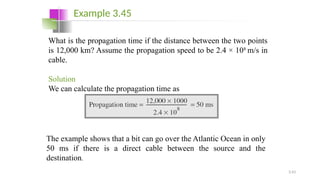 3.43
What is the propagation time if the distance between the two points
is 12,000 km? Assume the propagation speed to be 2.4 × 108
m/s in
cable.
Solution
We can calculate the propagation time as
Example 3.45
The example shows that a bit can go over the Atlantic Ocean in only
50 ms if there is a direct cable between the source and the
destination.
 
