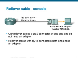 Rollover cable - console Our rollover cables a DB9 connector at one end and do not need an adaptor. Rollover cables with RJ45 connectors both ends need an adaptor. 