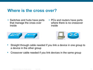 Where is the cross over? Switches and hubs have ports that manage the cross over inside PCs and routers have ports where there is no crossover inside Straight through cable needed if you link a device in one group to a device in the other group Crossover cable needed if you link devices in the same group 