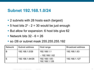 Subnet 192.168.1.0/24 2 subnets with 28 hosts each (largest) 5 host bits 2 5  - 2 = 30 would be just enough But allow for expansion: 6 host bits give 62 Network bits 32 - 6 = 26  so /26 or subnet mask 255.255.255.192 Network Subnet address Host range Broadcast address B 192.168.1.0/26 192.168.1.1 - 192.168.1.62 192.168.1.63 E 192.168.1.64/26 192.168.1.65 - 192.168.1.126 192.168.1.127 