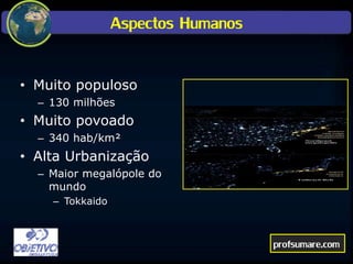 Aspectos Humanos
• Muito populoso
– 130 milhões
• Muito povoado
– 340 hab/km²
• Alta Urbanização
– Maior megalópole do
mundo
– Tokkaido
profsumare.com
 