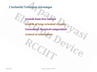 1/6/2021 Arpan Deyasi, RCCIIT
Growth from free surface
Growth of large oriented crystals
Convenient chemical composition
Control of atmosphere
Czocharlski Technique: Advantages
 