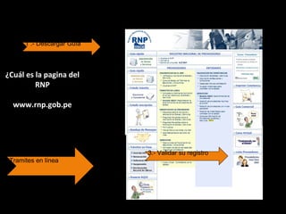 ¿Cuál es la pagina del
RNP
www.rnp.gob.pe
2.- Luego ingresar a
Tramites en línea
1 .- Descargar Guía
3.- Validar su registro
 